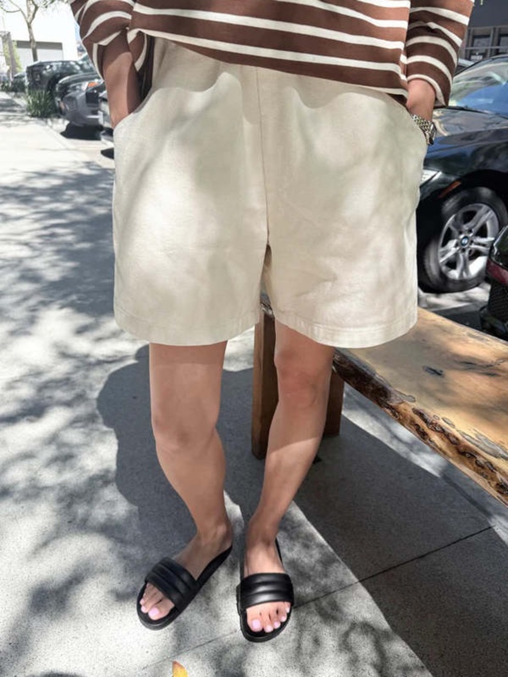 Casual Cream Elastic-Waist Bermuda Shorts for Women